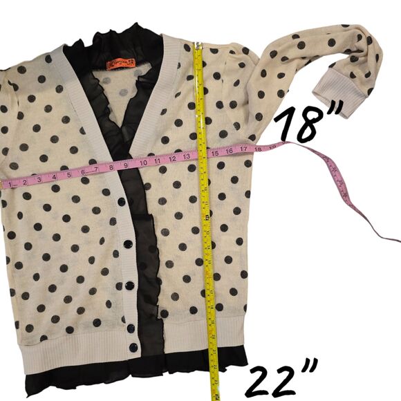 Live to be Spoiled Beige Black Polka Dots & Lace Accents Cardigan Sweater Medium - Picture 2 of 5